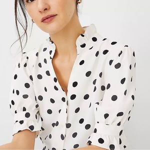 NWT Ann Taylor Dot Ruffle Button Split Neck Top
